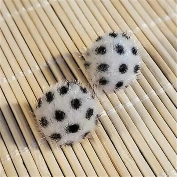 Handmade Faux Fur Fuzzy Polka Dot Earrings Off White Charcoal Gray - Picture 1 of 3